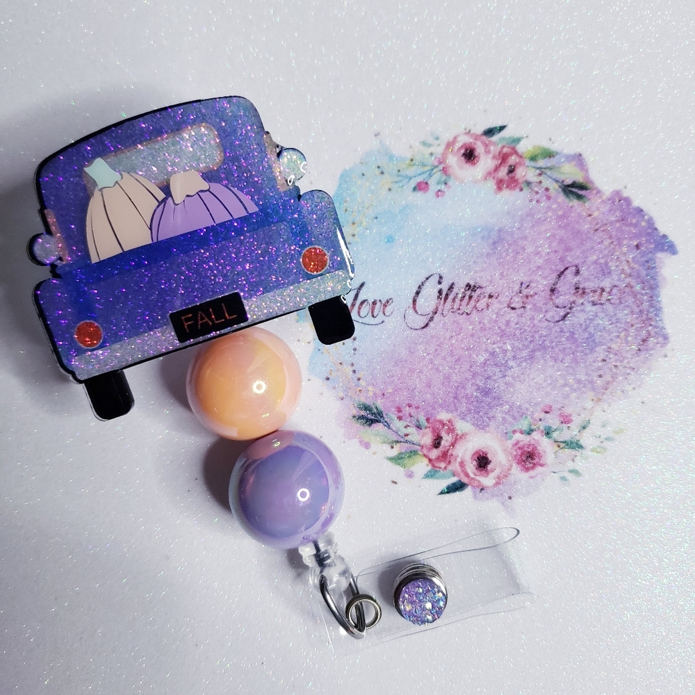 Purple fall truck with pumpkins badge reel, glitter, nurse, healthcare